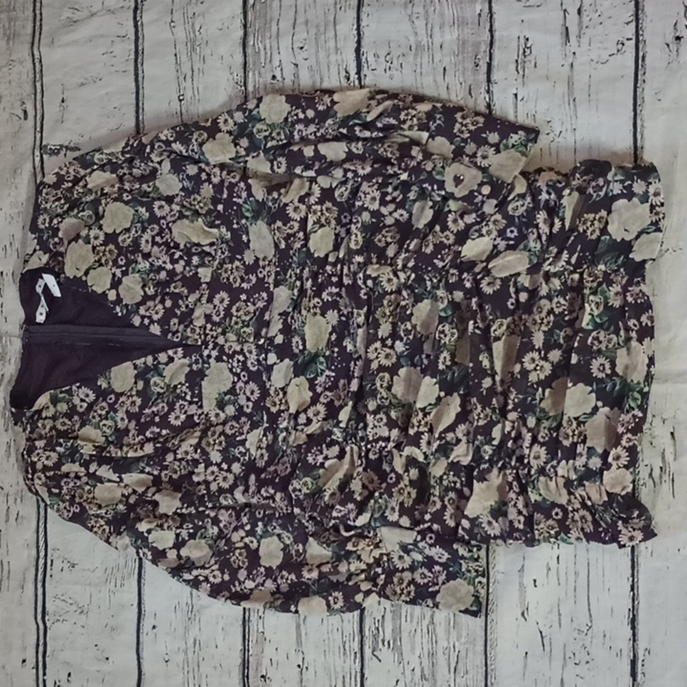 HYFVE Purple Green Tan Floral Print Bishop Sleeve Dress M NWT